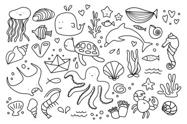Sea line doodle icons. Hand drawn minimal underwater aquarium symbols, seashell fish algae shell sketchy art. Vector set.
