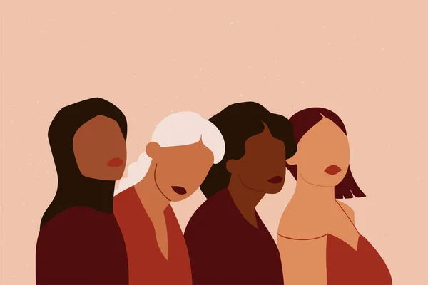 Женщины Символизируют Разные Национальности Группа Людей Вместе Женские Абстрактные Силуэты — стоковый вектор