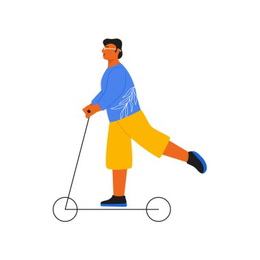 Man riding electric kick scooter. Abstract character driving scooter, boy on eco urban transport. Vector illustration.