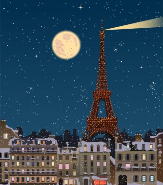 Paris 'te Noel, dolunayda Eyfel Kulesi. Vektör.
