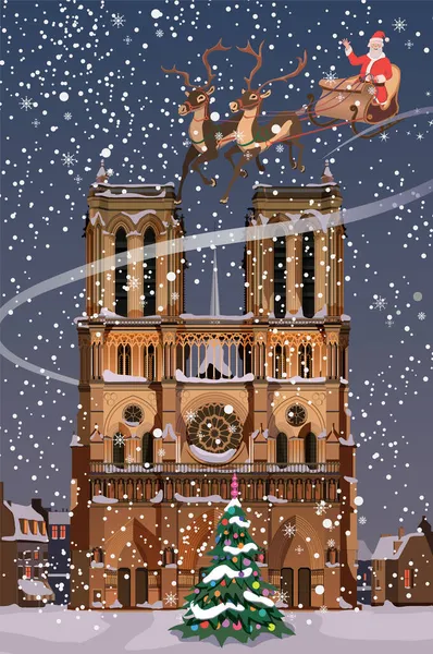 Noël Père Noël Porte Des Cadeaux Sur Ses Rennes Vecteur — Image vectorielle