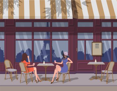 Yazın Paris 'te bir kafe. Eyfel Kulesi yansıtılıyor. Vektör.