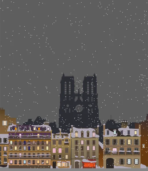 夜の街 パリとノートルダム大聖堂 ベクトル — ストックベクタ
