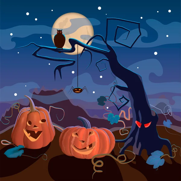 Full Moon All Saints Night Funny Pumpkins Monster Tree Vector — Stock Vector