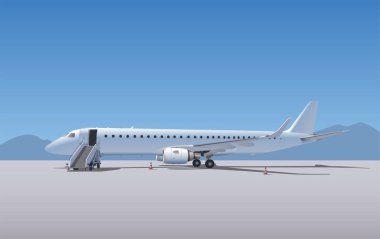 Arkasında dağlar olan güneşli bir havaalanı..