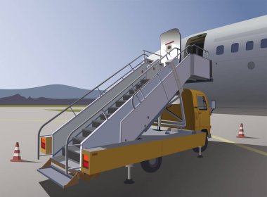 Havaalanı bir dağ manzarasının arka planına karşı, araba iskeleyi uçağın üzerine kaldırdı..