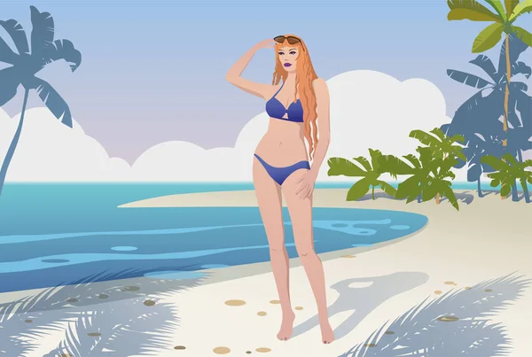 Chica Traje Baño Playa Bajo Palmeras — Vector de stock