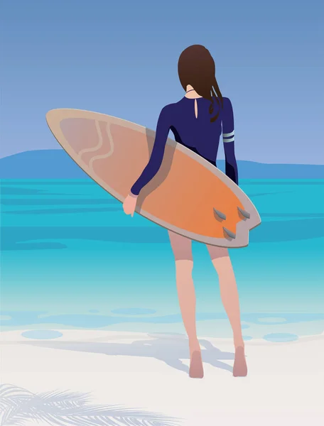 碧绿的大海 远处是个大岛 一个穿着蓝色泳衣的冲浪板姑娘 — 图库矢量图片