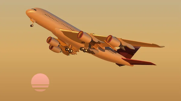 Samolot Pasażerski Nabiera Wysokości Wieczornym Niebie Słońce Zachodzi Poniżej Horyzontu — Wektor stockowy