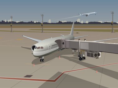 Teleskopik merdiveni olan bir uçak, bir uçak pistten kalkıyor..