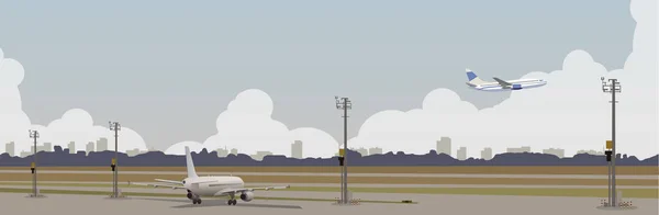 Havaalanındaki Uçak Havalanan Uçak Şehir Ufukta Bulutların Arka Planında Görünüyor — Stok Vektör