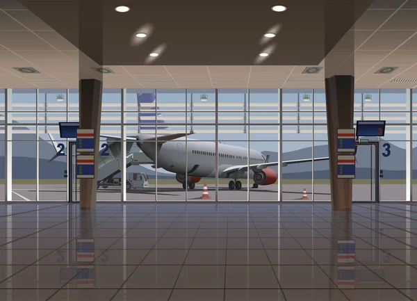 Het Vliegtuig Tegen Achtergrond Van Bergen Een Grote Luchthaven Terminal — Stockvector