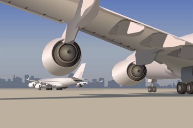 Uçağın kanadının altında iki motor ve şehrin arka planına karşı uçağın görüntüsü var..