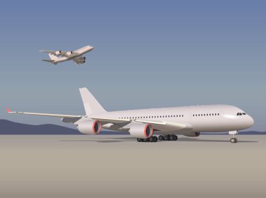 Mavi gökyüzü ve dağların arka planında, yolcu taşıyan bir uçak kalkıyor, büyük bir uçak havaalanı platformunda duruyor..