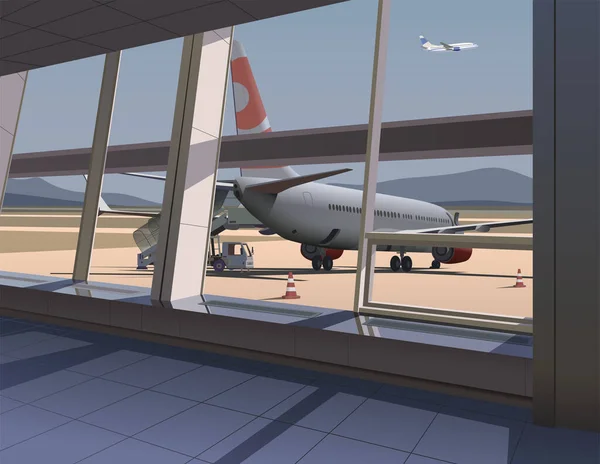Vue Aéroport Depuis Terminal Avion Sur Fond Montagnes Avion Décollant — Image vectorielle