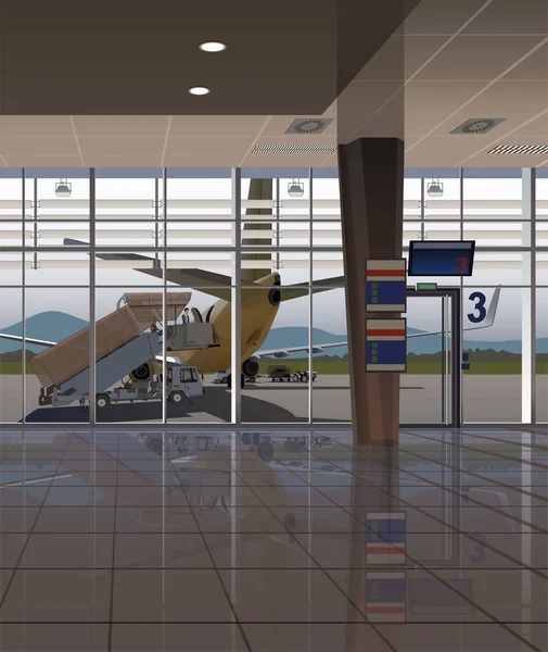 Aéroport Vue Sur Avion Aérodrome Par Les Fenêtres Terminal Montagnes — Image vectorielle