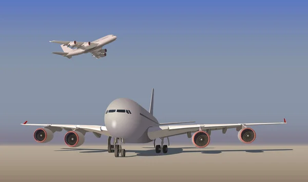 Υπάρχει Ένα Μεγάλο Αεροπλάνο Στον Διάδρομο Ένα Αεροπλάνο Που Απογειώνεται — Διανυσματικό Αρχείο