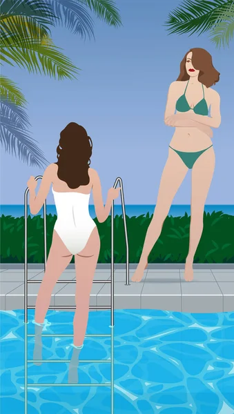 夏天在海边的游泳池边 穿着泳衣的姑娘们 — 图库矢量图片