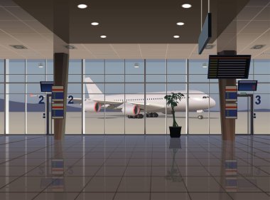 Uçağı gören büyük bir terminal salonu, pencerenin dışında, dağların ufkunda, havaalanının bir panoraması var..