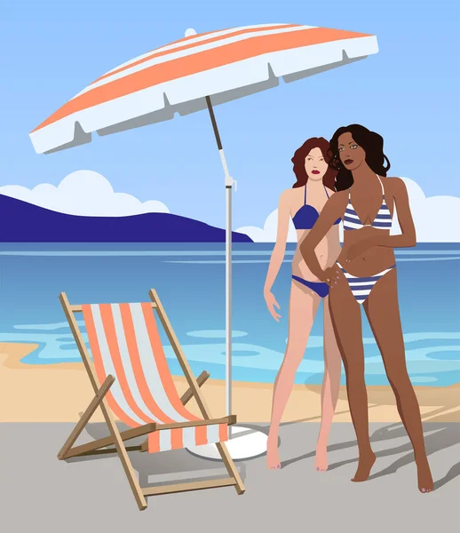 Palubní Křeslo Deštník Pláži Dvě Dívky Odpočívají Moře Hory Mraky — Stockový vektor