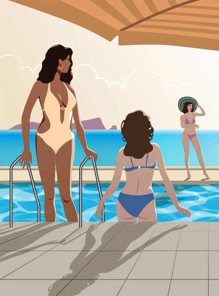 Dívky Vylézají Bazénu Pod Velkým Slunečníkem Obzoru Moře Hory — Stockový vektor