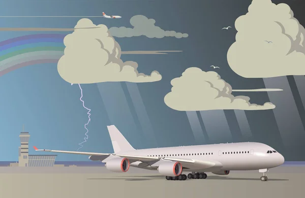 Havalimanı Yağmur Yağıyor Gökkuşağı Gökkuşağı Yağmur Altında Uçak — Stok Vektör