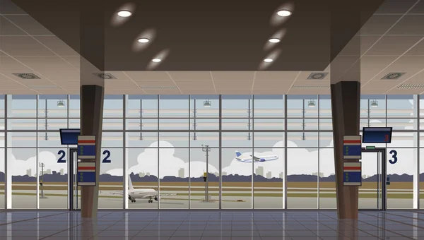 Desde Ventana Pueden Ver Los Aviones Pista Del Aeropuerto Ciudad — Vector de stock