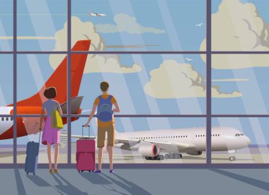 Terminal, bekleme odası, yolcular uçaklara büyük bir pencereden bakıyorlar.