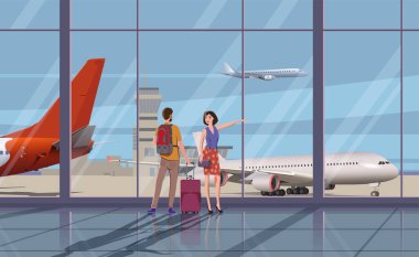 Havaalanında bir aile, uçaklar pencerenin dışında görünüyor, gökyüzünde uçan bir uçak ve bir terminal..