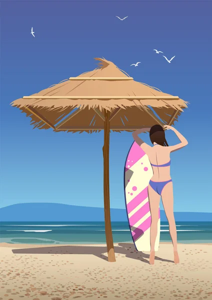 Girl Seashore Surfboard Umbrella Horizon Island — Stok Vektör