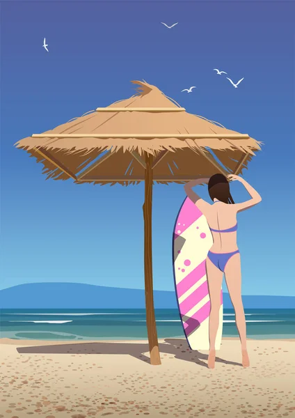 Girl Seashore Surfboard Umbrella Horizon Island — 图库矢量图片