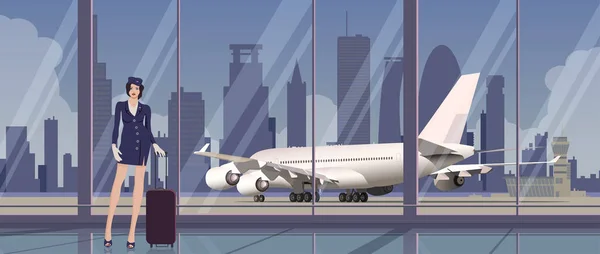 Стюардеса Багажною Сумкою Тлі Вікна Терміналу Аеропорту Літак Тлі Великого — стоковий вектор