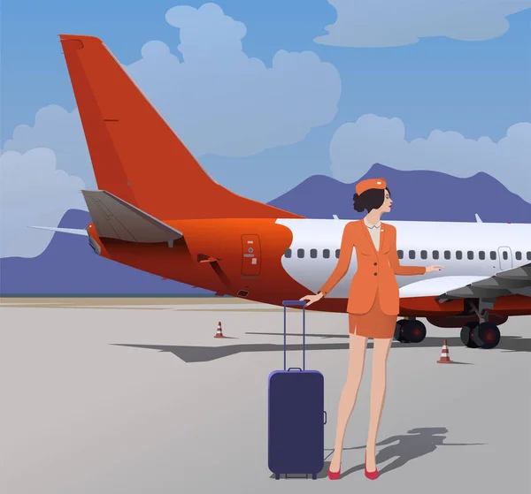 Flight Attendant Luggage Orange Uniform Stands Airliner Airport Backdrop Mountains — Stock vektor