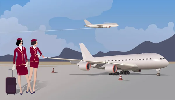Льотчики Червоній Формі Дорожньою Сумкою Стоять Біля Літака Задньому Плані — стоковий вектор