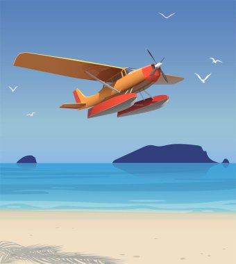 A seaplane takes off over a beach with palm trees, islands are visible on the horizon.