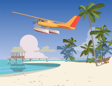 A flying seaplane on a beach with palm trees, a hotel on an island, a house on the water.