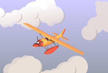 An orange two-seater tourist seaplane flies in the clouds over the sea.