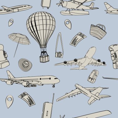 Black and white drawings of airplanes and beach things on a gray background.