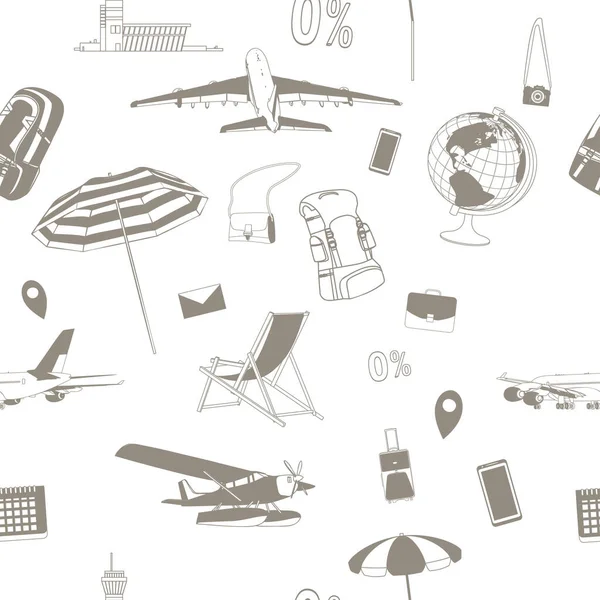 Black White Illustration Airplanes Beach Umbrellas Backpacks Sun Loungers Camera — Stockvektor