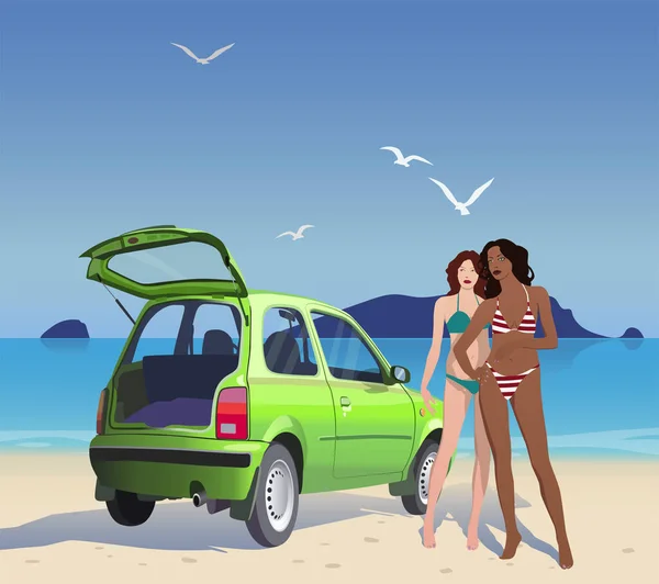 Girls Beach Swimsuits Green Car Backdrop Sea Islands — Vetor de Stock