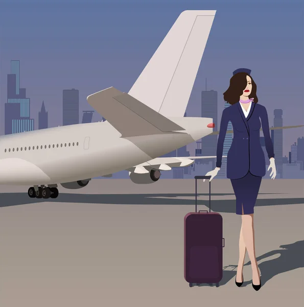 Stewardess Blue Uniform Travel Bag Airliner Background City — Vettoriale Stock