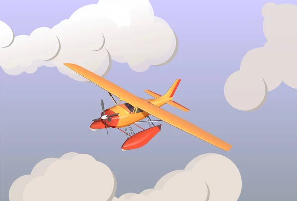 Orange Two Seater Tourist Seaplane Flies Clouds Sea 스톡 일러스트레이션