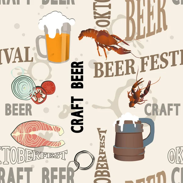 Light Background Fonts Glasses Beer Crayfish Fish Vegetables — Stock Vector