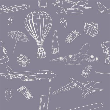 Grafik çizimleri, hava balonu uçakları, şapka çantaları, şemsiye, kamera..