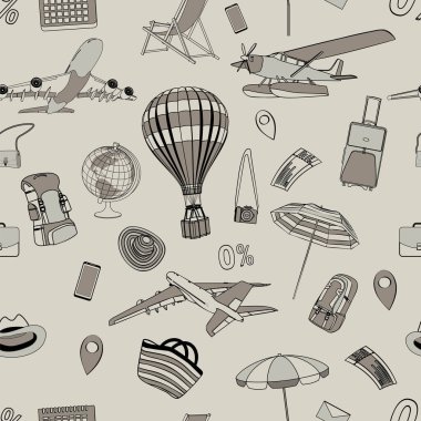Kusursuz doku, desen, sıcak hava balonu, uçaklar, çantalar, şemsiyeler, dünya.