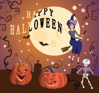 Cadılar Bayramı, balkabağı ve iskelet dansı. Süpürgedeki bir cadı ayın arka planında uçar..