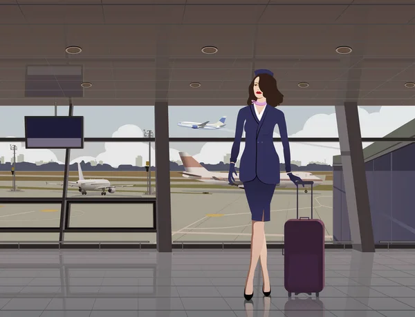 一个身穿蓝色制服的空姐 背对着一个大窗户 飞机和窗外的机场 背着一个包 — 图库矢量图片