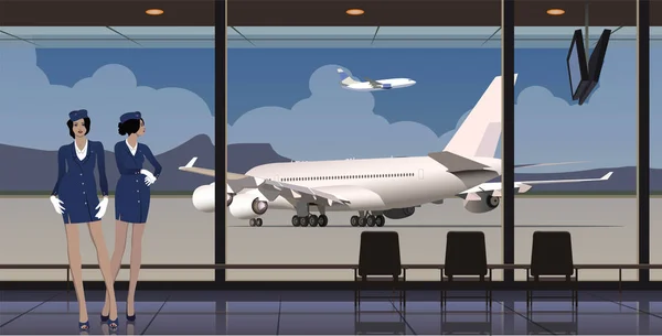 Hostesler Pencerenin Arkasında Pencerenin Dışında Havaalanı Uçakların Manzarası Var — Stok Vektör