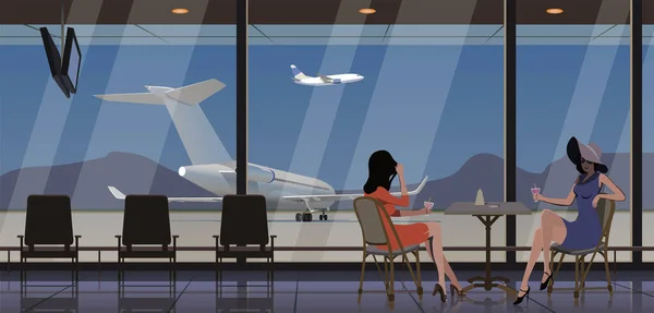 Mädchen Tisch Touristen Flughafen Flugzeuge Und Berge Sind Vor Dem — Stockvektor
