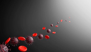 3 boyutlu Coronavirus ve kırmızı kan hücreleri. Hayati tehlikesi olan Covid-19 virüsünün tıbbi konsepti. Tıp için dijital bir görüntünün yansıması..